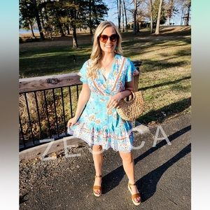 ZESICA Women’s Summer Wrap Bohemian Floral Print Ruffle Beach Mini Dres